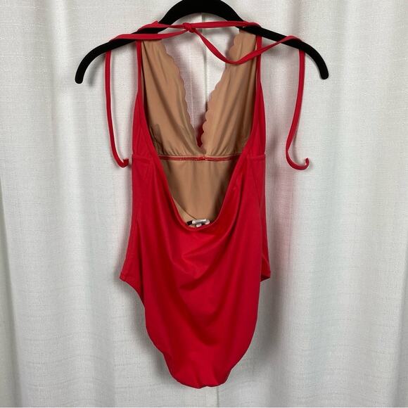 J.Crew Coral Scalloped V Neck One Piece Swimsuit Sz.8 - Picture 10 of 16